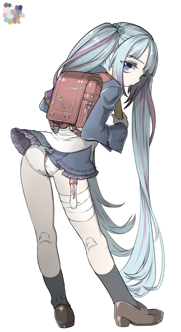 1girl ass backpack bag blue_hair female from_behind ishida-masamune_kiriko kbtmsboy multicolored_hair panties purple_hair randoseru shinken!! simple_background skirt solo twintails underwear white_background