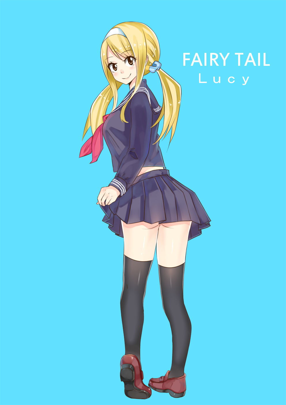 1girl ass black_legwear black_sailor_collar black_serafuku black_shirt black_skirt blonde_hair blue_background blue_scrunchie brown_eyes character_name copyright_name eyebrows_visible_through_hair fairy_tail from_behind hair_ornament hair_scrunchie hairband highres loafers long_hair long_sleeves looking_at_viewer lucy_heartfilia miniskirt neckerchief pleated_skirt red_footwear red_neckwear sailor_collar school_uniform scrunchie serafuku shirt shoes simple_background skirt smile solo standing thighhighs twintails white_hairband xsorax812