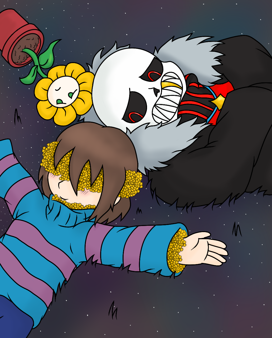 alternate_universe ambiguous_gender animated_skeleton black_eyes blush bone brown_hair clothed clothing covering_eyes flora_fauna flower flowey_the_flower green_eyes group hair hi_res human jolliapplegirl lying male mammal not_furry on_back plant protagonist_(undertale) sad sans_(underfell) sharp_teeth skeleton smile teeth undead underfell undertale video_games