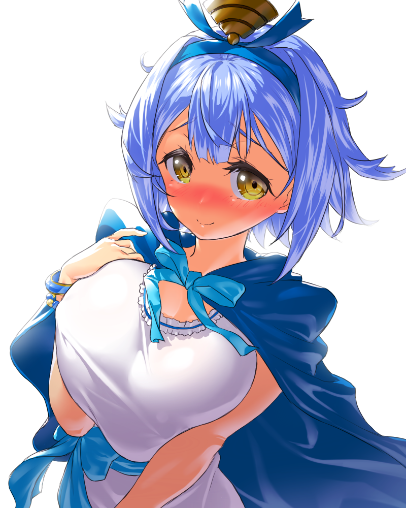 blue_cape blue_hair blue_neckwear blue_ribbon blush breast_squeeze breasts cape closed_mouth destiny_child dress hair_ornament hairband hand_up large_breasts looking_at_viewer neck_ribbon nose_blush onsoku_maru ribbon sash simple_background smile solo upper_body white_background white_dress wristband yellow_eyes