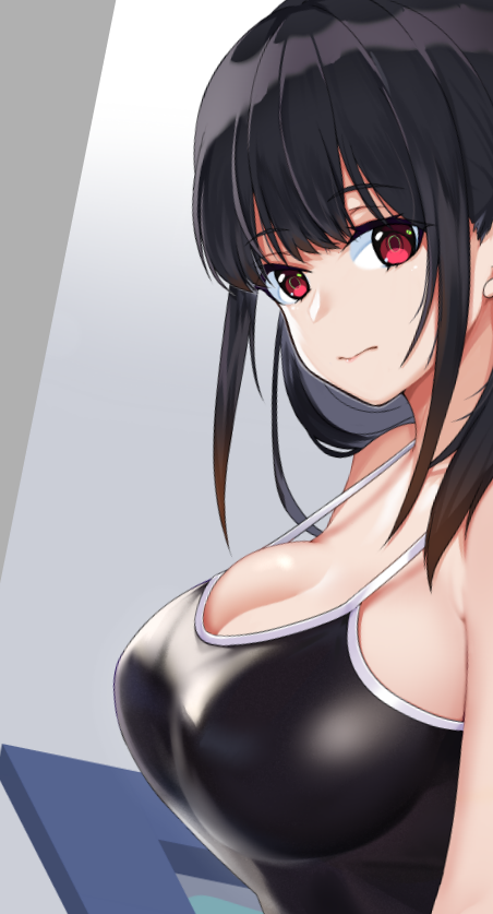 1girl bangs black_hair black_swimsuit breasts cleavage closed_mouth commentary_request eyebrows_visible_through_hair from_side large_breasts looking_at_viewer original red_eyes solo strap_gap swimsuit upper_body xiujia_yihuizi