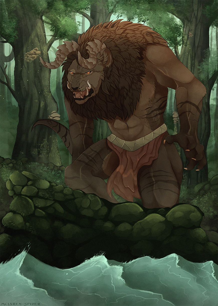 2014 amber_eyes anthro black_lips clothed clothing curved_horn day detailed_background digital_media_(artwork) forest hybrid loincloth male maplespyder open_mouth outside solo standing teeth tongue tree water