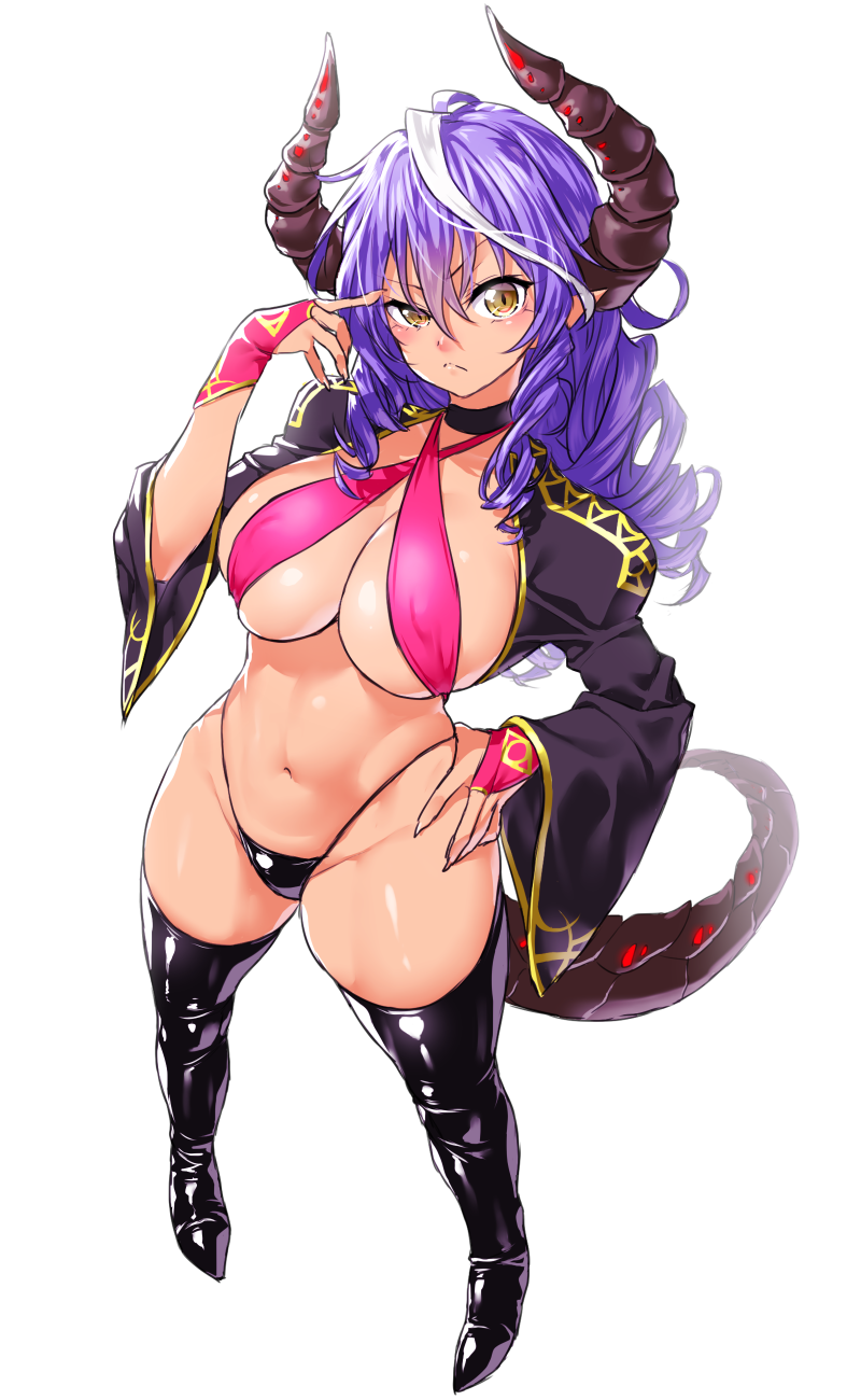 bikini blue_hair boots breasts choker commentary_request copyright_request cropped_jacket drill_hair frown halter_top halterneck hand_on_hip highres horns large_breasts long_hair navel onsoku_maru simple_background solo swimsuit tail thigh_boots thighhighs white_background yellow_eyes