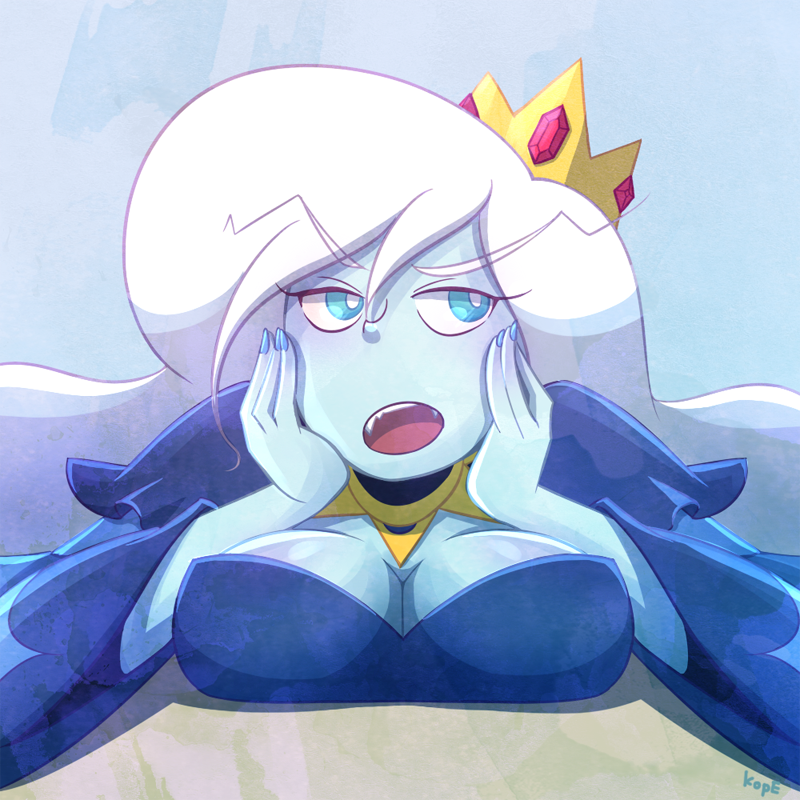 1girl adventure_time blue_eyes blue_skin breasts cleavage ice_queen large_breasts open_mouth solo white_hair