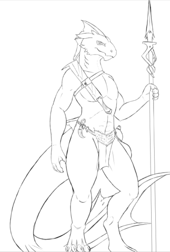 claws clothing fin fo'storo frostedscales line_art loincloth male melee_weapon monochrome muscular muscular_male polearm river_drake spear thesecretcave thick_tail tribal weapon