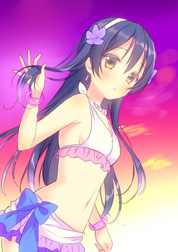 1girl arm_up bangs bikini bikini_skirt blue_hair blush bracelet commentary_request cowboy_shot eyebrows_visible_through_hair flower frilled_bikini frills hair_between_eyes hair_flower hair_ornament hand_in_hair hibiscus jewelry long_hair looking_at_viewer love_live! love_live!_school_idol_project natsuiro_egao_de_1_2_jump! necklace open_mouth piyodera_mucha solo sonoda_umi standing swimsuit yellow_eyes
