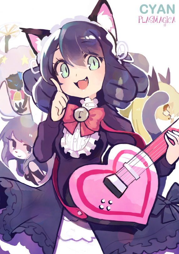 4girls :3 :d animal_ears aqua_eyes bell black_bow black_dress blonde_hair blue_hair bow bowtie bunny_ears cat_ears cat_girl cat_tail character_name chuchu_(show_by_rock!!) cyan_(show_by_rock!!) dress fang glasses guitar headdress heart_guitar hexed index_finger_raised instrument jingle_bell long_sleeves looking_at_viewer maid_headdress moa_(show_by_rock!!) multiple_girls open_mouth pink_hair red_bow red_eyes red_neckwear retoree show_by_rock!! skirt slit_pupils smile strawberry_heart tail upper_body white_skirt