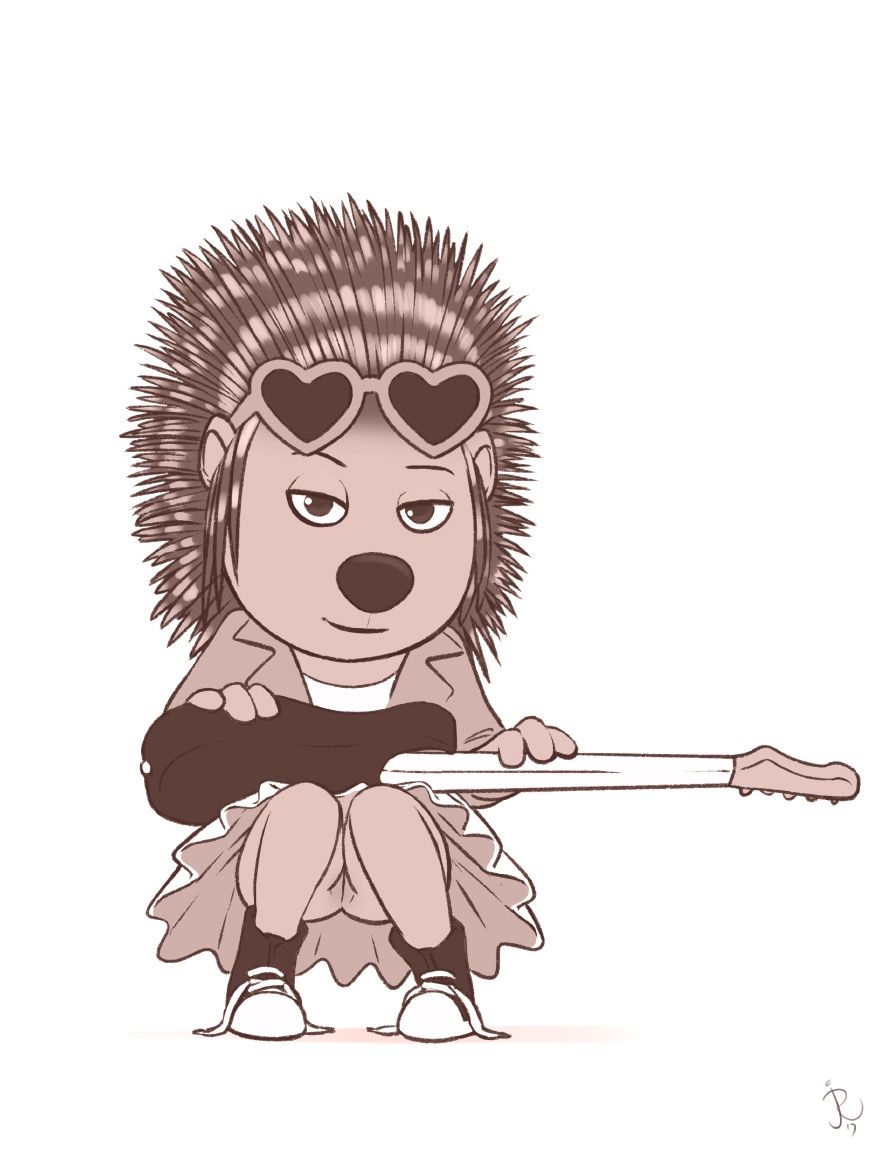 anthro ash_(sing) blush bottomless clothed clothing female guitar illumination_entertainment joe_randel looking_at_viewer mammal monochrome musical_instrument no_underwear porcupine pussy rodent simple_background sing_(movie) solo white_background