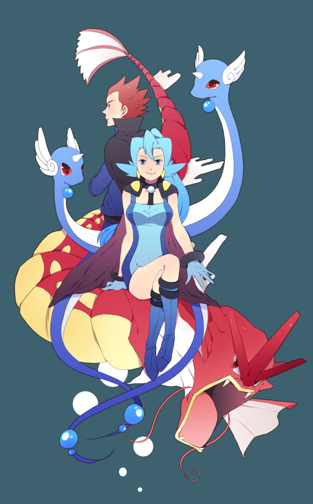 1boy 1girl :) alternate_color bare_arms blue_eyes blue_footwear blue_gloves blue_hair boots bracelet breasts bubble cape champion creatures_(company) dragonair full_body game_freak gen_1_pokemon gloves gyarados gym_leader hair_ornament high_ponytail ibuki_(pokemon) jewelry legs_crossed long_hair medium_breasts nintendo pearl pokemon pokemon_(creature) pokemon_(game) pokemon_hgss ponytail red_eyes red_hair shiny_pokemon sitting smile source_request wataru_(pokemon)