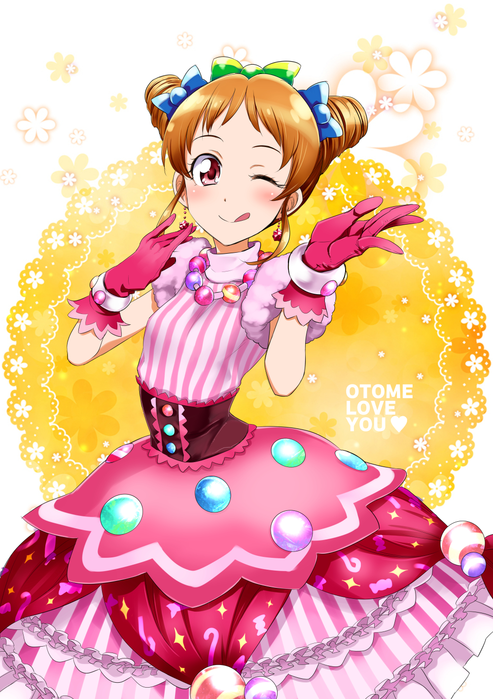 1girl ;p aikatsu! aikatsu!_(series) arisugawa_otome blush bow catchphrase character_name commentary double_bun dress drill_hair earrings flower frilled_dress frills gloves hair_bow highres idol jewelry kurose_kousuke looking_at_viewer necklace one_eye_closed orange_hair pink_dress pink_gloves reaching_out red_eyes shiny shiny_hair short_hair short_sleeves smile solo tongue tongue_out twin_drills two-tone_background upper_body wrist_cuffs