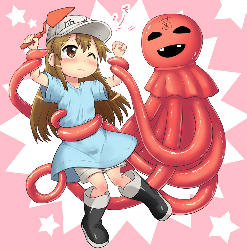 arms_up bangs black_eyes black_footwear blue_shirt blush boots brown_eyes brown_hair child clenched_hand closed_mouth clothes_writing collarbone commentary_request eyebrows_visible_through_hair full_body hase_yu hataraku_saibou holding jpeg_artifacts long_hair looking_at_another monster open_mouth oversized_clothes oversized_shirt pink_background platelet_(hataraku_saibou) restrained shiny shiny_clothes shiny_hair shiny_skin shirt short_sleeves shorts smile star tears teeth tentacles translation_request trowel two-tone_background white_shorts