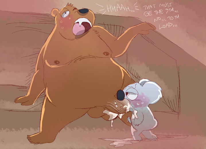 anthro balls bear cartoon_network cum cum_in_mouth cum_inside duo fellatio grizzly_(wbb) grizzly_bear koala male male/male mammal marsupial nom_nom_(wbb) oral penis sex size_difference thiger we_bare_bears