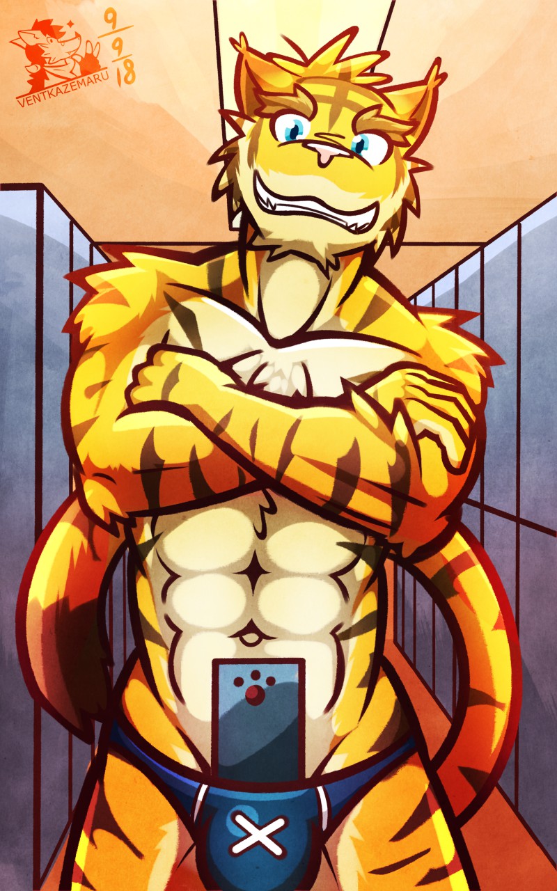 clothed clothing cross_arms feline locker_room male mammal morenatsu phone selfie swimsuit tiger topless torahiko_(morenatsu) ventkazemaru