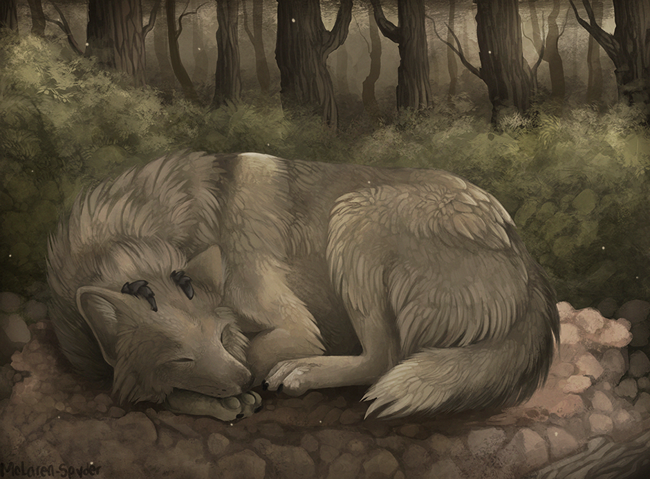 2014 ambiguous_gender canine day detailed_background digital_media_(artwork) eyes_closed feral forest fur hybrid lying mammal maplespyder outside sleeping solo tree white_fur