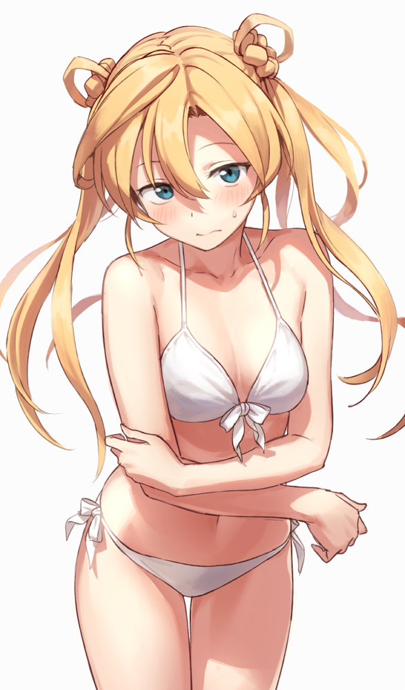 1girl abukuma_(kantai_collection) bikini blonde_hair blue_eyes blush breasts closed_mouth cowboy_shot crossed_arms front-tie_bikini front-tie_top hair_between_eyes hair_rings kantai_collection kinosuke_(sositeimanoga) leaning_forward long_hair looking_at_viewer navel side-tie_bikini simple_background small_breasts solo sweatdrop swimsuit twintails white_background white_bikini