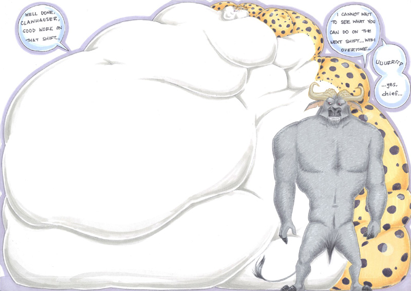 2018 anthro belly benjamin_clawhauser bovine buffalo cape_buffalo cheetah chief_bogo dialogue disney duo english_text feline immobile male mammal moobs morbidly_obese navel nude obese overweight prisonsuit-rabbitman simple_background text white_background zootopia