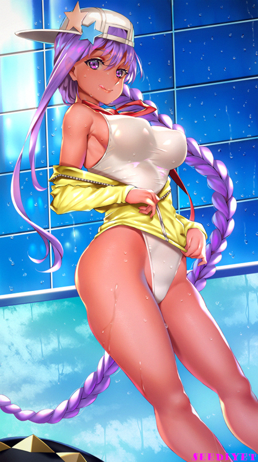 backwards_hat banned_artist baseball_cap bb_(fate)_(all) bb_(swimsuit_mooncancer)_(fate) braid breasts commentary_request covered_nipples fate/grand_order fate_(series) hair_ornament hat highleg highleg_swimsuit large_breasts long_hair looking_at_viewer one-piece_swimsuit purple_eyes purple_hair single_braid solo standing star star_hair_ornament swimsuit tan very_long_hair viola_(seed) wet white_swimsuit