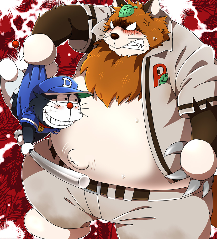 2013 angry anthro baseball_(sport) baseball_uniform belly blush canine cat clothing doraemon duo feline hat leaf male mammal navel nikiciy outie_navel overweight overweight_male pants pokoemon_(character) shirt sport tanuki uniform