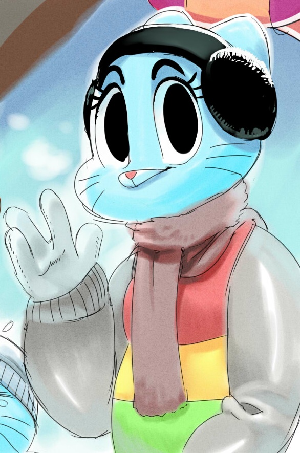 anthro blue_fur cartoon_network cat clothing coat earmuffs feline female fur gloves gumball_watterson looking_at_viewer mammal mature_female mother mother_and_son nicole_watterson parent scarf smile son sunibee the_amazing_world_of_gumball waving winter