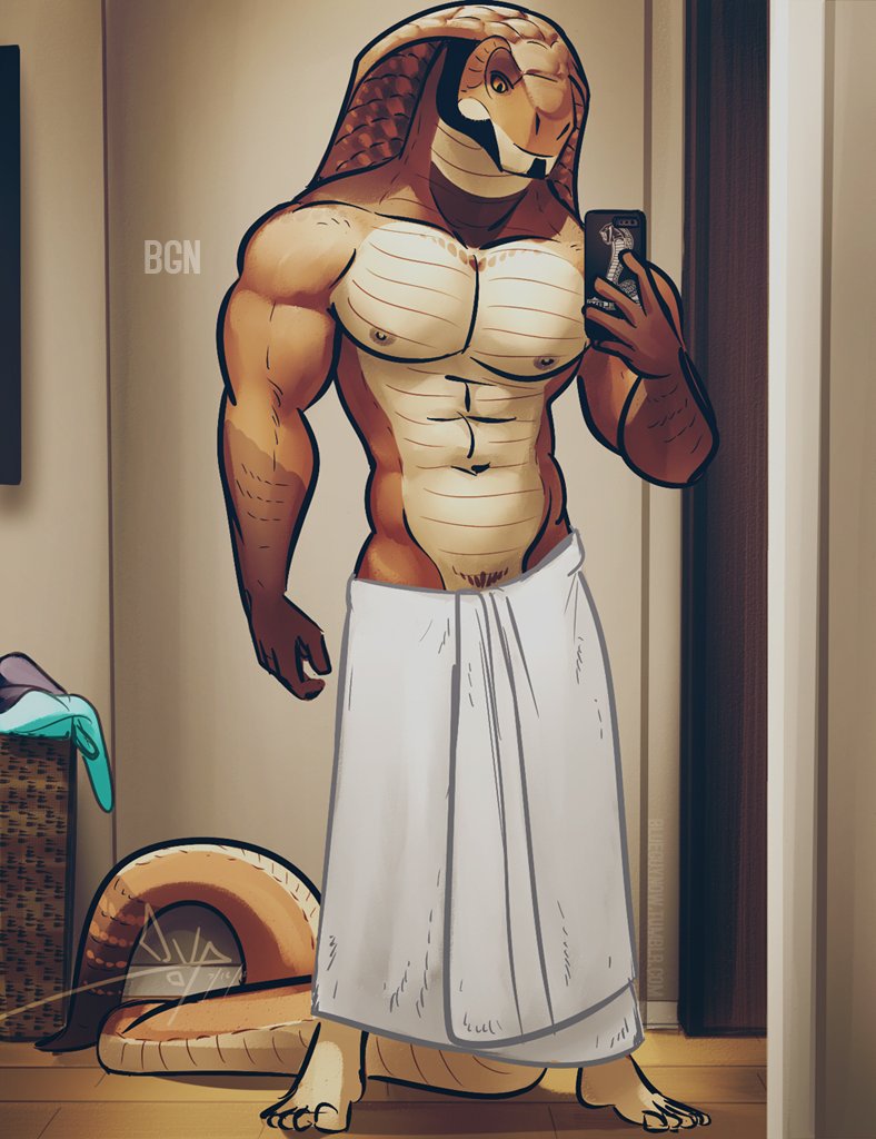 abs anthro bedroom bgn biceps big_muscles brown_eyes brown_skin cellphone cobra facial_hair goatee holding_object holding_phone laundry male markings memphis mirror muscular muscular_male naked_towel navel nipples pecs phone presenting reptile scalie selfie sideburns smile snake snake_hood solo standing towel