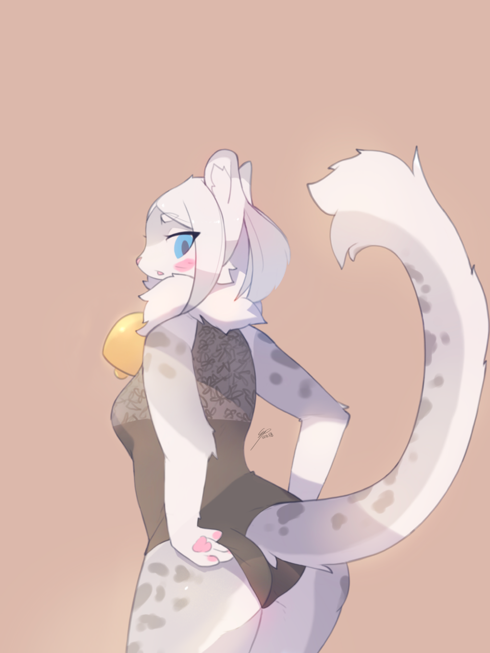 2018 anthro bell blue_eye's blue_eyes blush brown_background butt clothed clothing electrycpynk feline female hair leopard long_tail mammal neck_tuft open_mouth signature simple_background snow_leopard solo standing tuft