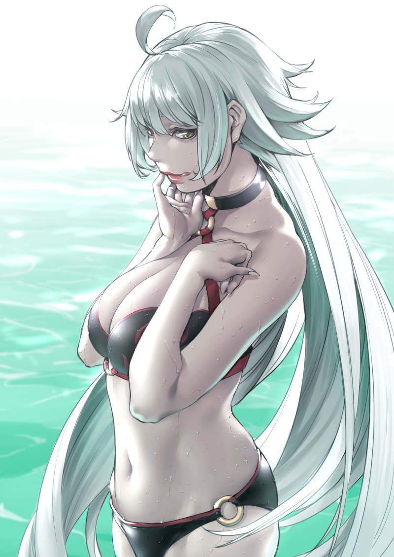 ahoge bare_shoulders bikini black_bikini breasts cleavage commentary_request fate/grand_order fate_(series) jeanne_d'arc_(alter_swimsuit_berserker) jeanne_d'arc_(fate)_(all) large_breasts licking_lips long_hair looking_at_viewer navel o-ring o-ring_swimsuit pale_skin silver_hair snowcat. solo standing stomach swimsuit tongue tongue_out very_long_hair water wet