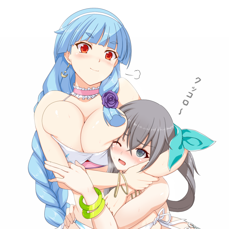 2girls @_@ bangs bare_shoulders beagle bikini blue_eyes blue_hair blunt_bangs blush breast_press breasts catfight choker closed_mouth earrings enjin_koushi eyebrows_visible_through_hair flower frilled_choker frills grey_hair hair_flower hair_ornament hair_ribbon hairband headlock jewelry large_breasts long_hair multiple_girls nose_blush one_eye_closed open_mouth pink_choker purple_flower purple_rose red_eyes ribbon ring_dream rose side-tie_bikini simple_background sweat swimsuit tsuruhisashi white_background white_bikini white_hairband wince wrestling yuki_onna_(ring_dream)