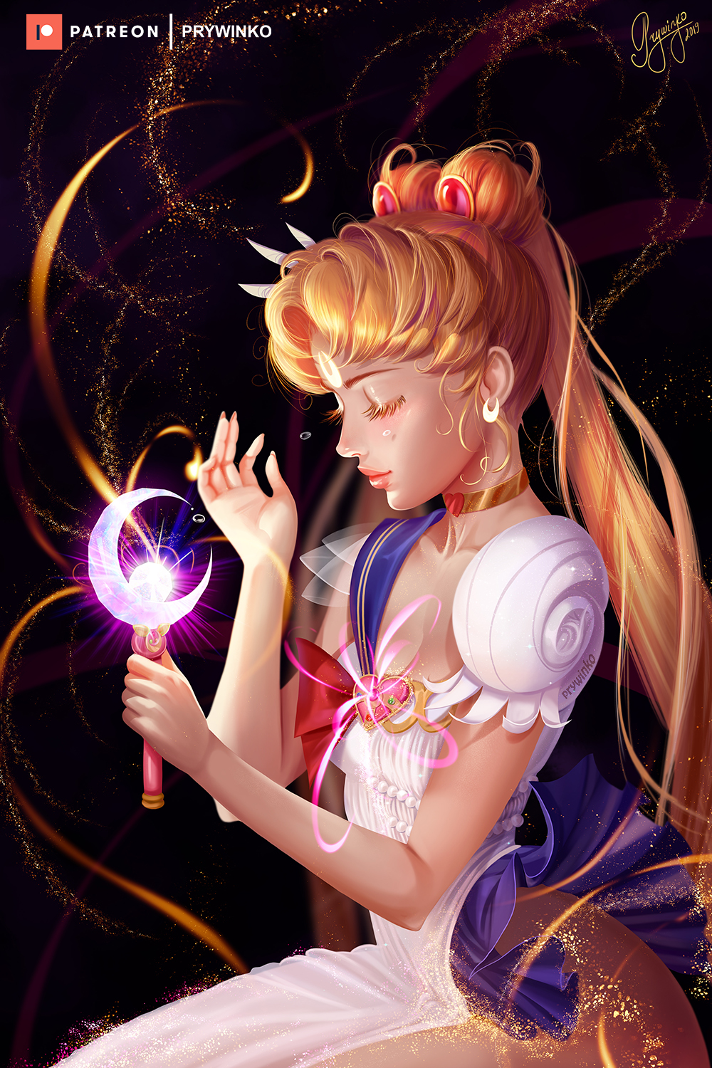 1girl arm_up artist_name bishoujo_senshi_sailor_moon blonde_hair blue_sailor_collar blue_skirt breasts choker closed_mouth commentary crescent_moon dress earrings english_commentary gold_choker heart heart_choker highres holding holding_wand jewelry lips lipstick long_hair makeup medium_breasts moon olga_narhova patreon_logo patreon_username pink_lips pleated_skirt profile red_neckwear sailor_collar sailor_moon short_sleeves skirt solo very_long_hair wand white_dress