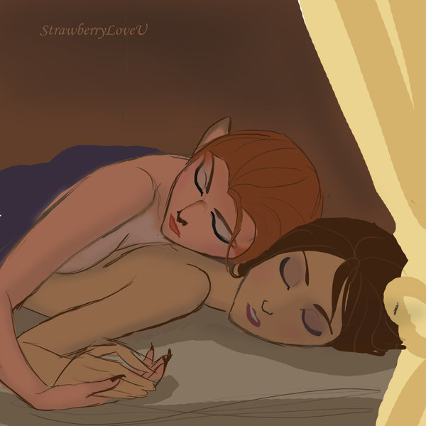 alien animal_humanoid breasts captain_amelia cat_humanoid disney duo feline female female/female hand_holding human humanoid jane_porter mammal nude sleeping strawberryloveu tarzan treasure_planet