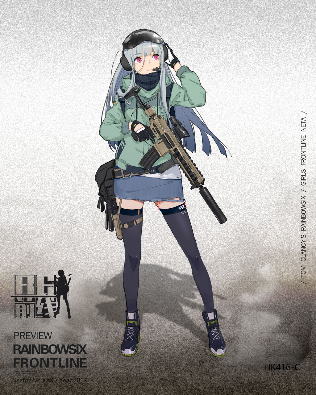 assault_rifle full_body girls_frontline gloves gun handgun headset heckler_&amp;_koch highres hk416 holding holding_gun holding_weapon holstered_weapon jacket long_hair original pink_eyes pistol rainbow_six_siege rifle silver_hair sola7764 solo suppressor thighhighs weapon zettai_ryouiki