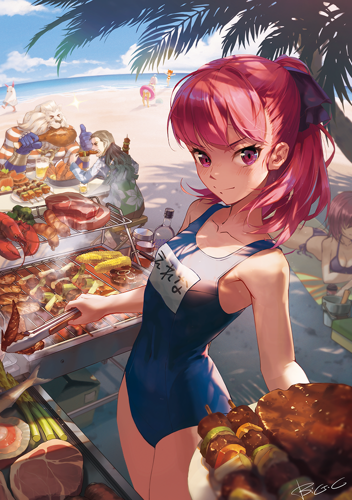 &gt;_&lt; &lt;o&gt;_&lt;o&gt; 5girls ahoge alcohol animal_ears asparagus bangs bare_arms bare_legs bare_shoulders barefoot beach beer beer_mug big.c bikini black_hair blanket blue_sky blue_swimsuit blush bottle box bracer breasts broccoli brown_pants bucket cardboard_box casual_one-piece_swimsuit chaldea_lifesavers clenched_teeth closed_eyes closed_mouth cloud collarbone commentary cooking corn cosplay covered_navel cup day drinking_glass eating fate/grand_order fate_(series) fish flip-flops floral_print food fujimaru_ritsuka_(female) green_shirt grill grilling hair_ornament hand_up helena_blavatsky_(fate/grand_order) helena_blavatsky_(swimsuit_archer)_(fate) horizon innertube jack_the_ripper_(fate/apocrypha) jackal_ears kebab leaning_forward lobster long_sleeves looking_at_viewer looking_to_the_side lying mash_kyrielight meat medium_breasts medium_hair medjed medjed_(cosplay) multiple_boys multiple_girls nikola_tesla_(fate/grand_order) nitocris_(fate/grand_order) nitocris_(swimsuit_assassin)_(fate) ocean on_stomach one-piece_swimsuit orange_bikini orange_hair orange_shirt outdoors outstretched_arms pants pink_hair plate ponytail print_shirt purple_eyes raw_meat running sand sandals sausage school_swimsuit shade shirt short_hair side-tie_bikini signature sitting sky small_breasts smile smoke sparkle spread_arms standing striped striped_shirt striped_swimsuit summer swimsuit teeth thomas_edison_(fate/grand_order) thumbs_up tongs translated tree tree_shade vodka walking white_hair white_shirt yakiniku