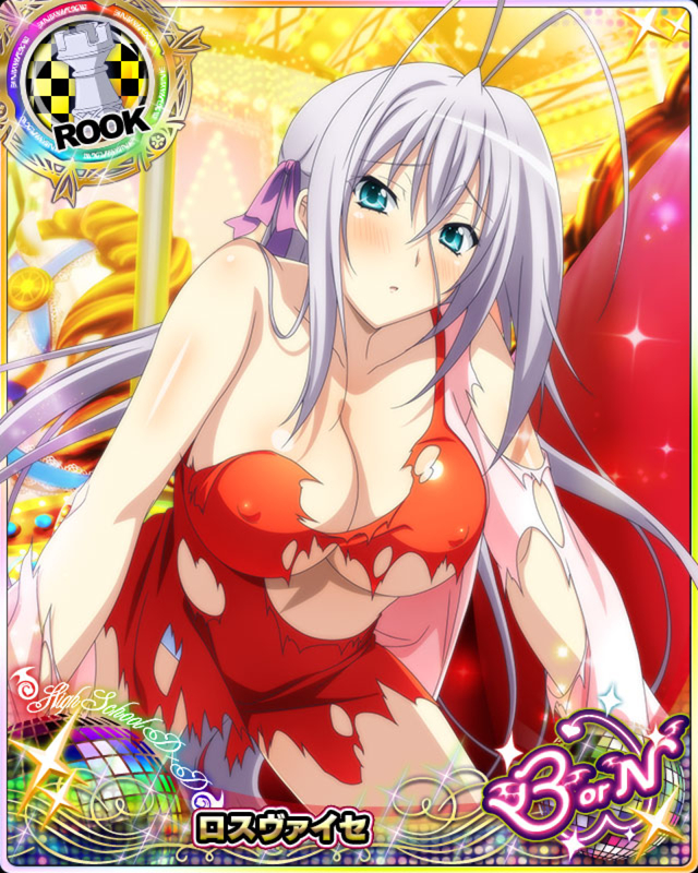antenna_hair aqua_eyes blush breasts card_(medium) character_name chess_piece cleavage dress embarrassed erect_nipples hair_ribbon high_school_dxd high_school_dxd_born jacket large_breasts long_hair looking_at_viewer official_art orange_dress panties parted_lips ribbon rook_(chess) rossweisse silver_hair solo source_request torn_clothes trading_card underwear very_long_hair