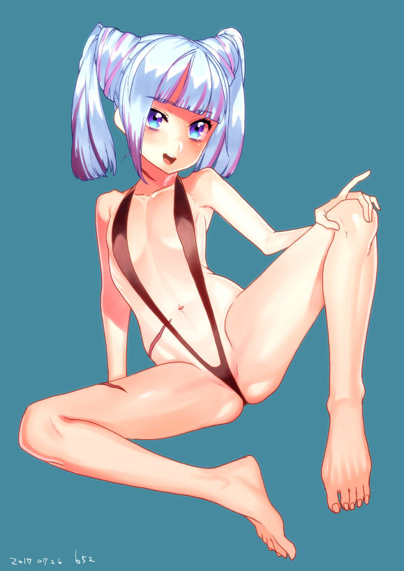 1girl barefoot blue_background blue_eyes blue_hair breasts dated feet female ishida-masamune_kiriko kbtmsboy multicolored_hair navel open_mouth partially_visible_vulva purple_hair scar shinken!! simple_background slingshot_swimsuit small_breasts solo swimsuit toes