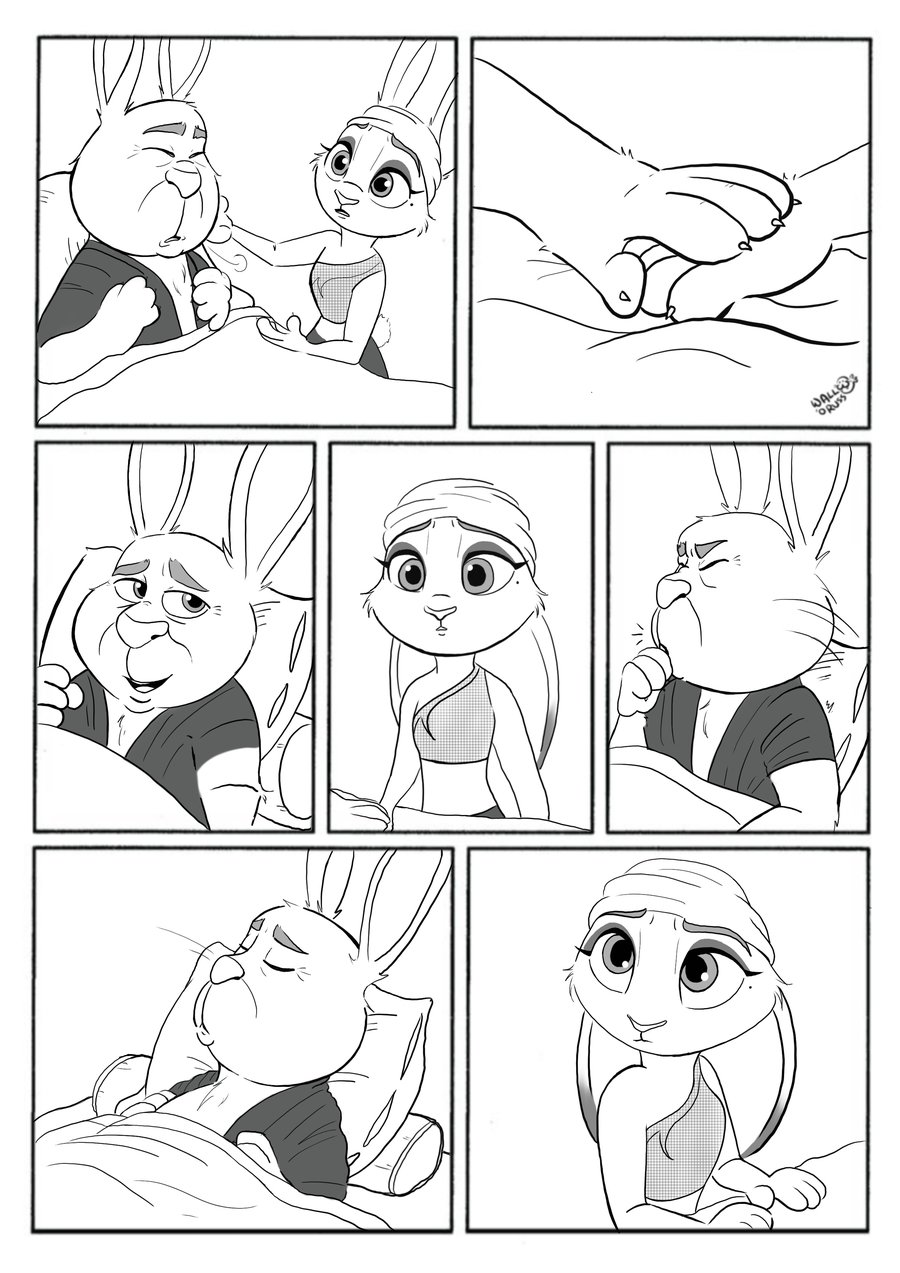 2018 4_fingers beauty_mark bed bedding black_and_white blanket cheek_tuft claws comic cough coughing dipstick_ears disney duo ears_down ears_up fan_character female ill lagomorph male mammal monochrome pillow rabbit sarong shawl simple_background stu_hopps tuft walloruss white_background zootopia