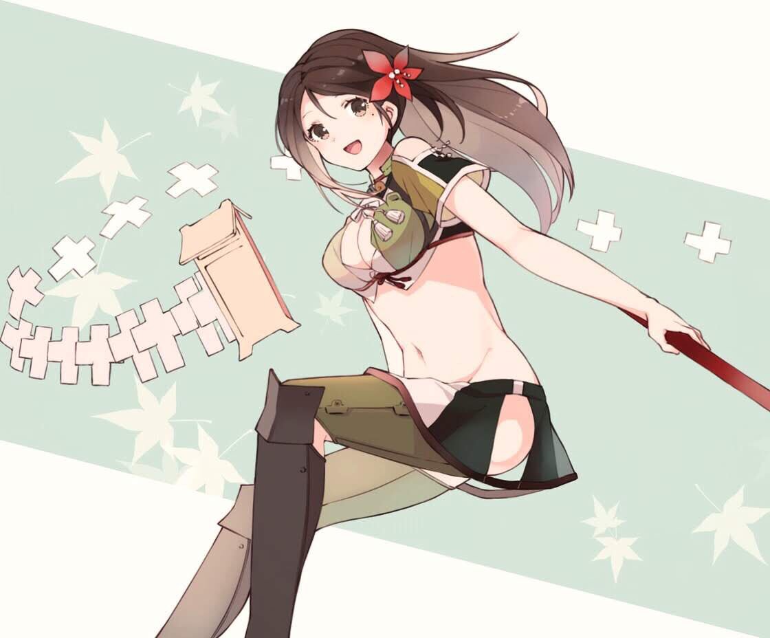 1girl amagi_(kantai_collection) asymmetrical_hair bangs breasts brown_eyes brown_hair cleavage cleavage_cutout flower green_background groin hair_flower hair_ornament japanese_clothes kantai_collection leaf leaf_hair_ornament long_hair looking_at_viewer maple_leaf microskirt mole mole_under_eye navel onmyouji open_mouth pleated_skirt ponytail shakemi_(sake_mgmgmg) sidelocks skirt smile solo stomach thighhighs