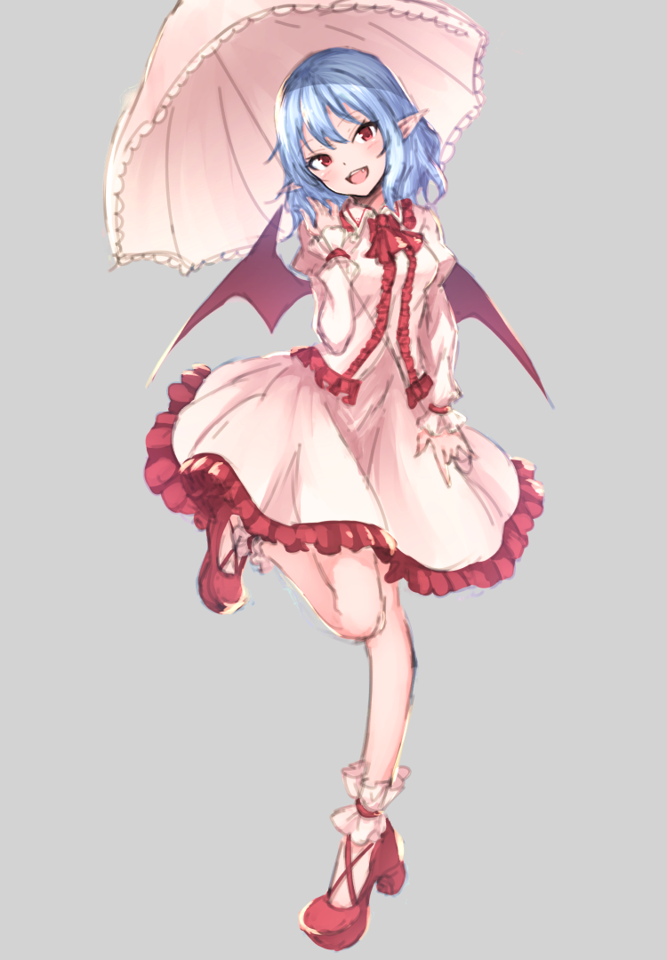 :d ankle_garter ascot bangs bat_wings blue_hair blush breasts center_frills commentary cross-laced_footwear dress eyebrows_visible_through_hair fang frilled_shirt_collar frills full_body grey_background hair_between_eyes hand_up head_tilt high_heels holding holding_umbrella juliet_sleeves junior27016 leg_up long_sleeves looking_at_viewer medium_breasts no_hat no_headwear open_mouth petticoat pink_umbrella pointy_ears puffy_sleeves pumps red_eyes red_neckwear remilia_scarlet short_hair simple_background sketch smile solo standing standing_on_one_leg touhou umbrella white_dress wings