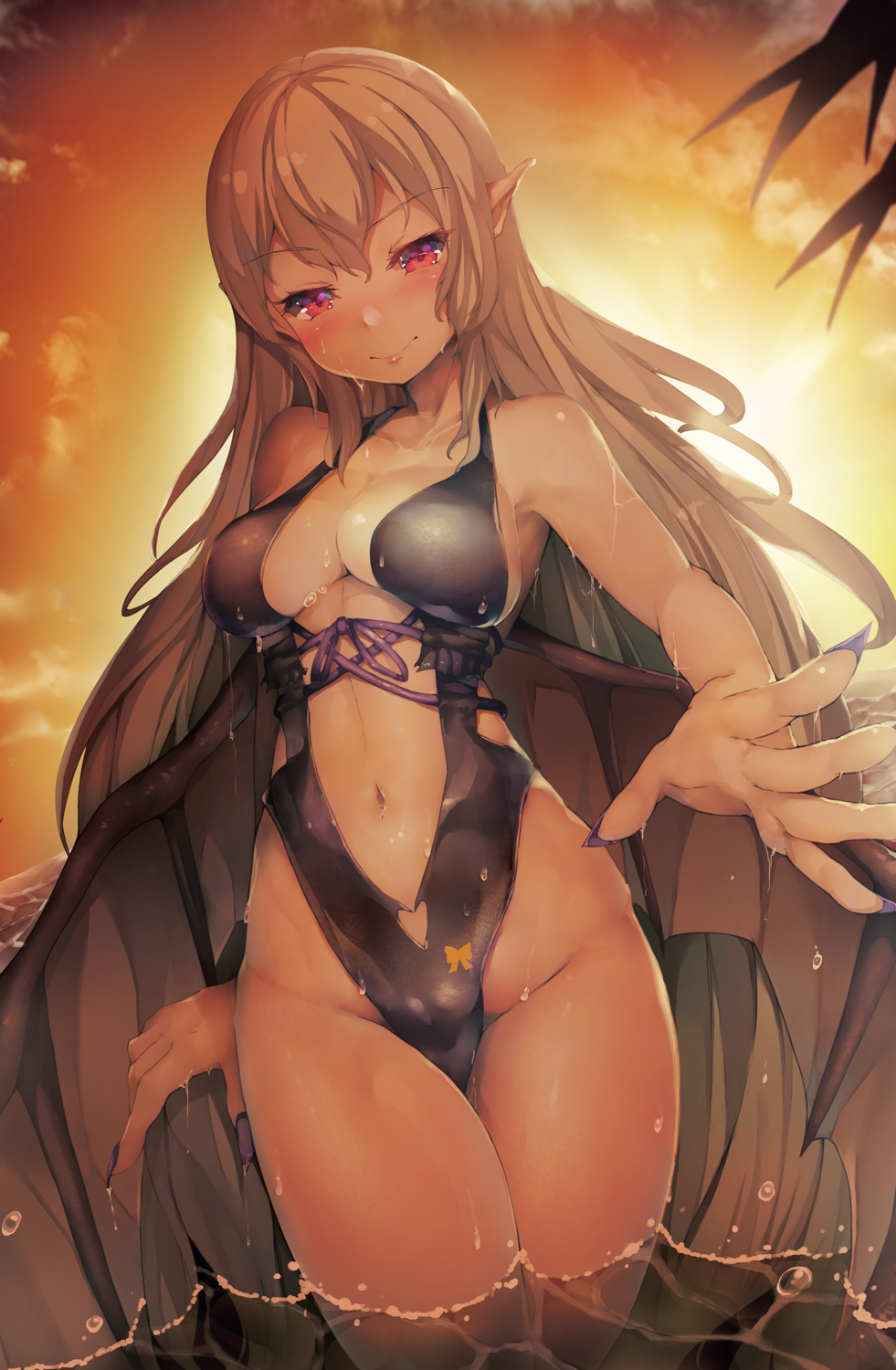 arcana_heart arcana_heart_2 bat_wings black_swimsuit blonde_hair breasts casual_one-piece_swimsuit clarice_di_lanza cleavage cowboy_shot fingernails highleg highleg_swimsuit highres long_fingernails long_hair looking_at_viewer medium_breasts miurahha one-piece_swimsuit pointy_ears red_eyes solo sunset swimsuit very_long_hair wading water wings