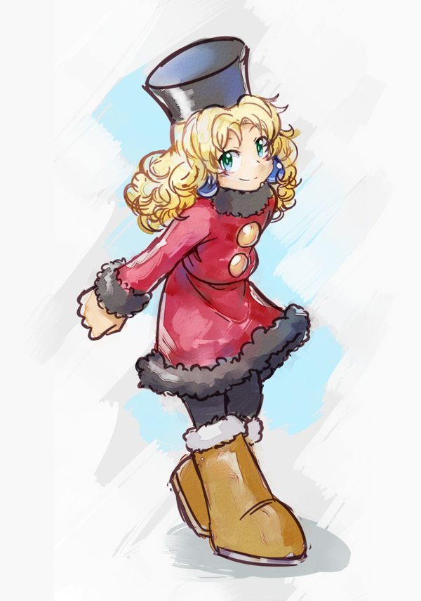 1girl :) blonde_hair blue_earrings boots brown_footwear button capcom child coat earrings fur_hat fur_trim green_eyes hat jewelry leaning_forward long_hair red_coat rockman rockman_(classic) smile solo standing tentokki ushanka