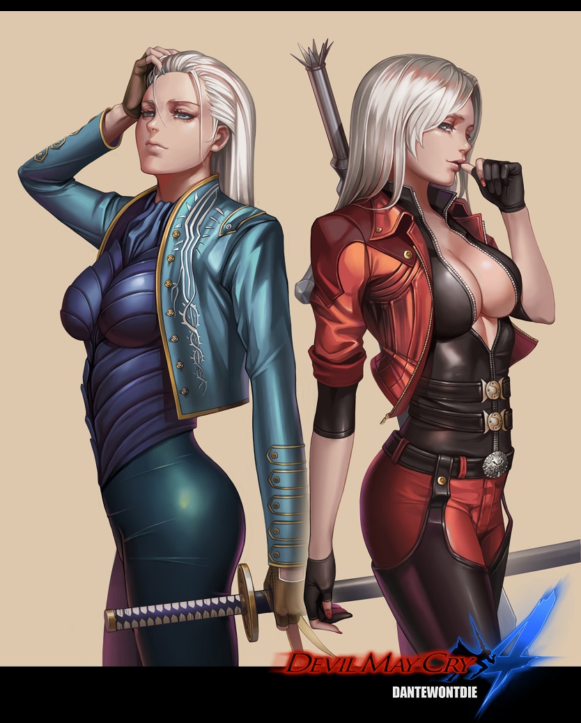 artist_name banned_artist beige_background belt belt_buckle black_gloves blue_eyes blue_jacket blue_nails breasts brown_gloves buckle cleavage commentary dante_(devil_may_cry) devil_may_cry devil_may_cry_4 english_commentary eyelashes fingerless_gloves genderswap genderswap_(mtf) gloves hand_on_own_head jacket katana large_breasts letterboxed logo long_hair long_sleeves looking_at_viewer multiple_girls nail_polish pants partly_fingerless_gloves red_jacket red_nails sheath sheathed simple_background sword sword_behind_back thumb_to_mouth vergil weapon white_hair yinan_cui