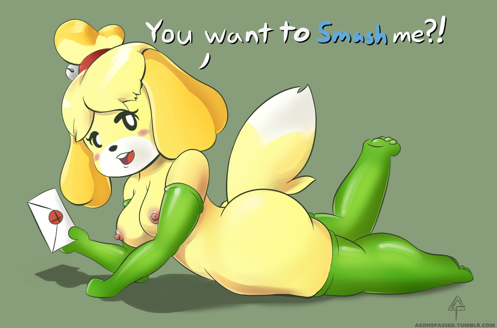 aeonspassed animal_crossing blush breasts butt canine digital_media_(artwork) dog female fur isabelle_(animal_crossing) looking_at_viewer mammal nintendo nipples open_mouth rubber shih_tzu simple_background smile solo video_games yellow_fur