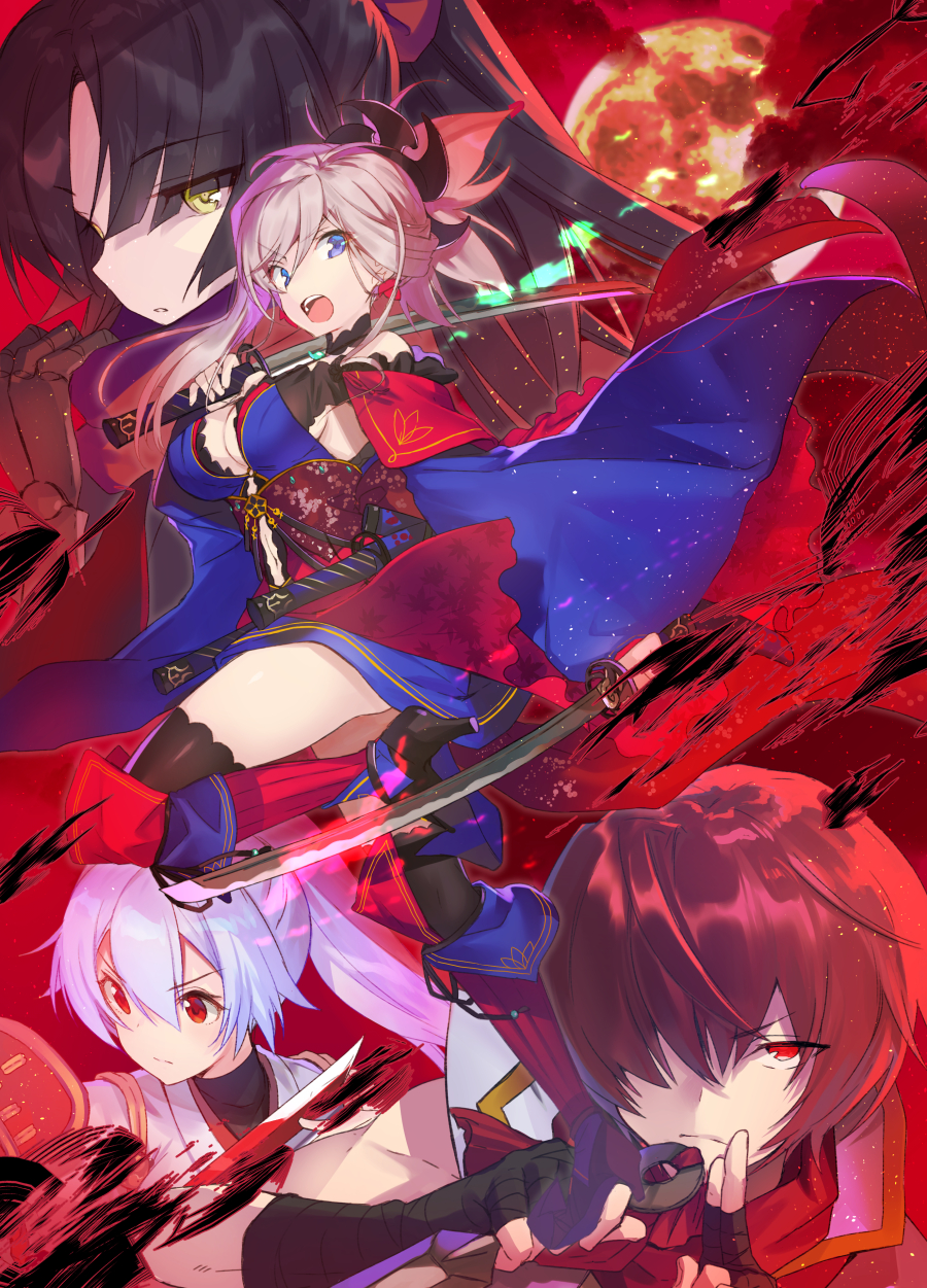 3girls ass bangs bare_shoulders black_footwear black_gloves black_hair black_legwear blue_hair blue_kimono breasts brown_eyes cleavage commentary_request doll_joints dual_wielding elbow_gloves eyebrows_visible_through_hair fate/grand_order fate_(series) fingerless_gloves full_moon fuuma_kotarou_(fate/grand_order) gloves glowing glowing_sword glowing_weapon hair_between_eyes hair_over_one_eye hayama_eishi high_heels highres holding holding_sword holding_weapon japanese_clothes katana katou_danzou_(fate/grand_order) kimono kuji-in long_hair long_sleeves medium_breasts miyamoto_musashi_(fate/grand_order) moon multiple_girls obi parted_bangs parted_lips ponytail red_eyes red_hair sash shoes sword thighhighs tomoe_gozen_(fate/grand_order) v-shaped_eyebrows weapon white_kimono wide_sleeves