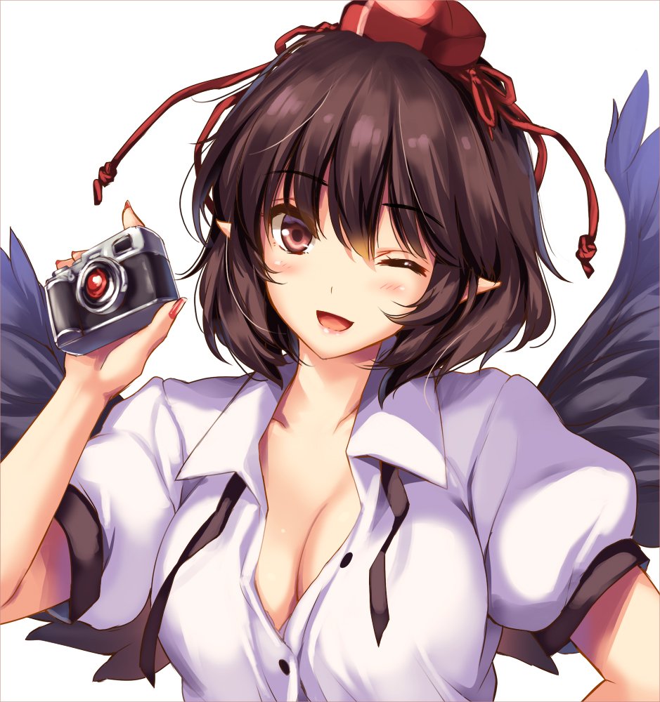 ;d bangs black_neckwear black_ribbon black_wings blush breasts brown_eyes brown_hair camera cleavage collarbone commentary_request eyebrows_visible_through_hair feathered_wings hair_between_eyes hand_on_hip hand_up hat head_tilt holding holding_camera large_breasts lips looking_at_viewer moneti_(daifuku) nail_polish neck_ribbon one_eye_closed open_mouth pointy_ears puffy_short_sleeves puffy_sleeves red_nails ribbon shameimaru_aya short_hair short_sleeves simple_background smile solo tassel tokin_hat touhou upper_body white_background wings