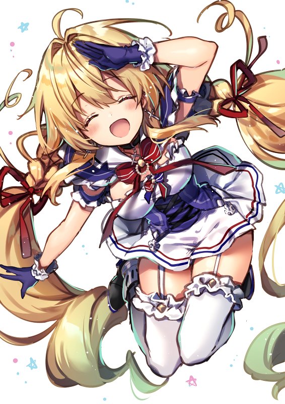 ahoge arm_up armband azur_lane bangs black_choker black_footwear blonde_hair blue_capelet blue_gloves blush bow bowtie braid breasts capelet choker closed_eyes commentary_request cross-laced_clothes cross_choker dress earrings eyebrows_visible_through_hair frilled_dress frilled_gloves frilled_legwear frills full_body garter_straps gloves hair_between_eyes hair_intakes hair_ornament hair_ribbon horizontal_stripes jewelry le_temeraire_(azur_lane) long_hair medium_breasts midair miniskirt open_mouth red_neckwear red_ribbon ribbon riichu salute shoes simple_background skirt smile solo star starry_background strapless strapless_dress striped striped_neckwear taut_clothes thighhighs twin_braids twintails underbust very_long_hair white_background white_dress white_legwear white_skirt wind wind_lift zettai_ryouiki