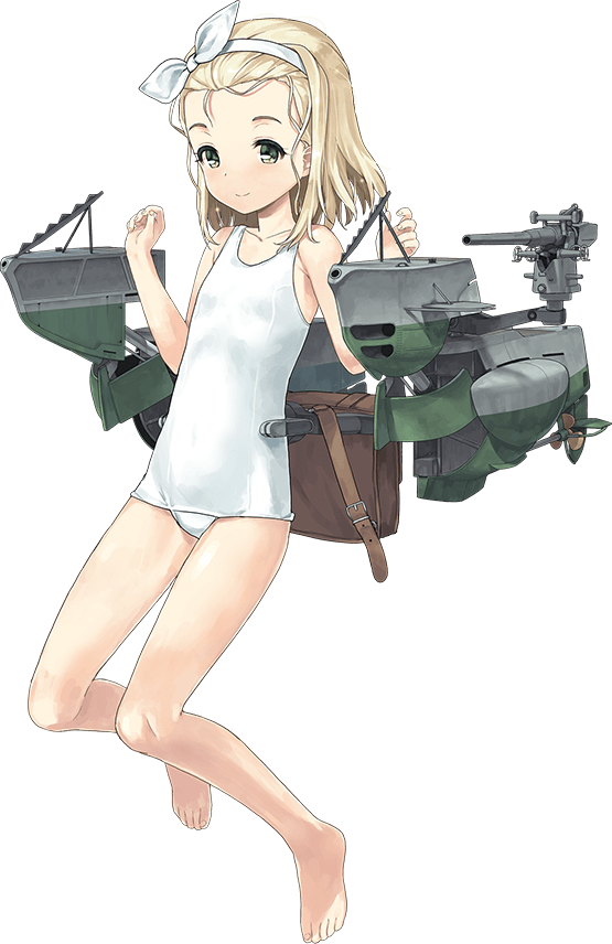 bare_arms bare_shoulders barefoot blonde_hair full_body green_eyes hairband hands_up i-504_(kantai_collection) jiji kantai_collection luigi_torelli_(kantai_collection) machinery medium_hair official_art old_school_swimsuit one-piece_swimsuit school_swimsuit smile solo swimsuit transparent_background white_hairband white_swimsuit