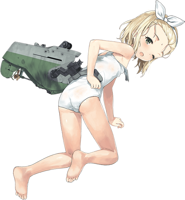 ass bare_arms bare_shoulders barefoot blonde_hair feet from_behind full_body green_eyes hairband i-504_(kantai_collection) jiji kantai_collection looking_back luigi_torelli_(kantai_collection) medium_hair official_art old_school_swimsuit one-piece_swimsuit one_eye_closed open_mouth school_swimsuit soles solo swimsuit toes torn_clothes torn_swimsuit transparent_background white_hairband white_swimsuit