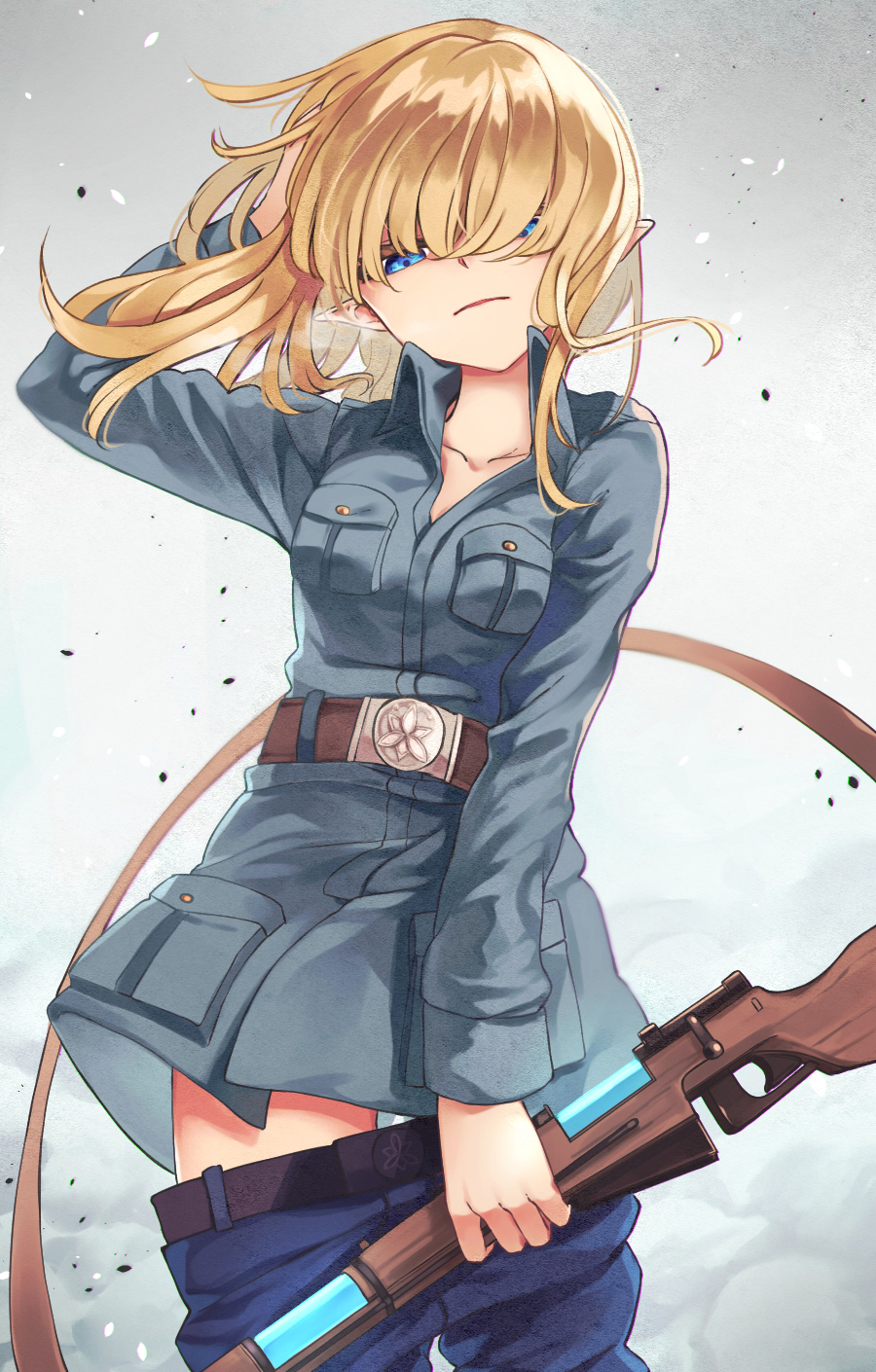 arm_up belt blonde_hair blue_eyes blue_pants breast_press breasts cleavage commentary_request denim floating_hair gradient gradient_background grey_background gun hair_over_eyes hand_in_hair highres holding holding_gun holding_weapon jeans long_hair long_sleeves medium_breasts mizuiro_raika original pants pants_pull parted_lips pointy_ears shiny shiny_hair solo weapon weapon_request wing_collar