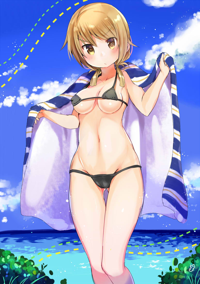 1girl bikini black_bikini black_swimsuit blonde_hair blue_sky blue_towel blush breasts cameltoe closed_mouth cloud cloudy_sky collarbone contrapposto cowboy_shot day erect_nipples eyebrows_visible_through_hair feet_out_of_frame flower gluteal_fold low_twintails medium_breasts navel open_towel outdoors side-tie_bikini sky solo standing swimsuit tatsunokosso towel towel_around_neck twintails yellow_eyes yuyushiki