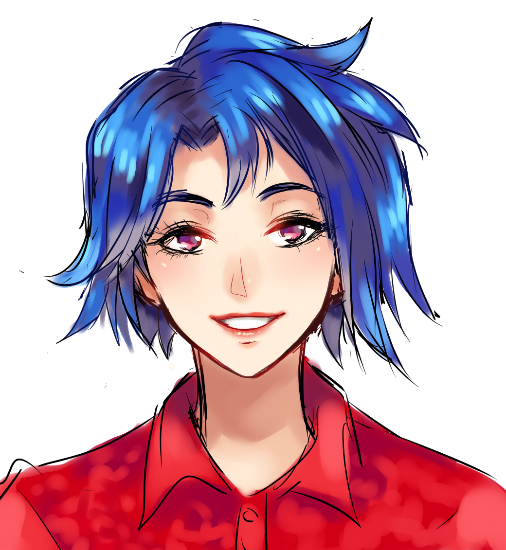 bangs banned_artist blue_hair collared_shirt commentary_request emily_(stardew_valley) eyelashes portrait red_shirt reef shirt short_hair simple_background sketch solo stardew_valley teeth white_background