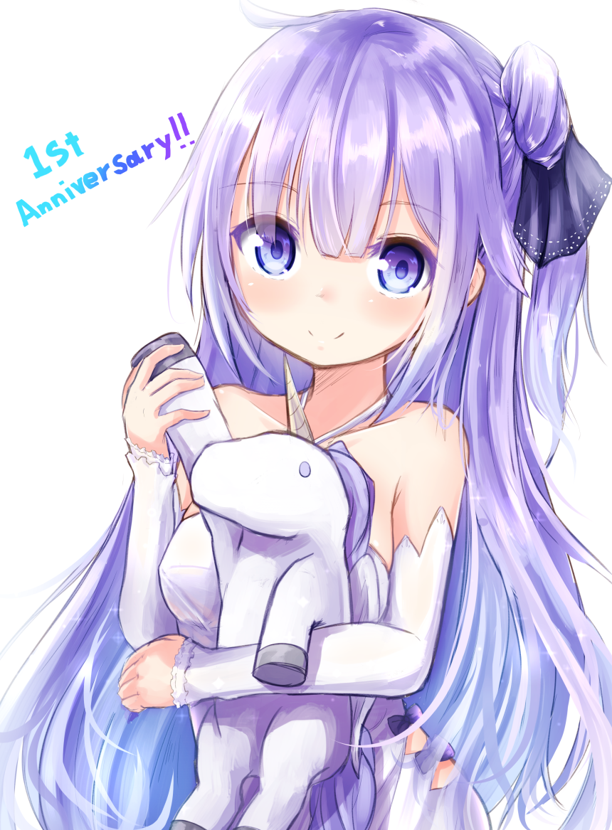 ahoge anniversary azur_lane bangs baram bare_shoulders black_bow black_ribbon blush bow closed_mouth collarbone commentary_request detached_sleeves dress eyebrows_visible_through_hair eyes_visible_through_hair hair_between_eyes hair_bun hair_ornament hair_ribbon halterneck holding long_hair long_sleeves looking_at_viewer object_hug one_side_up purple_eyes purple_hair ribbon side_bun simple_background sleeves_past_wrists smile solo stuffed_alicorn stuffed_animal stuffed_toy unicorn_(azur_lane) very_long_hair white_background white_dress