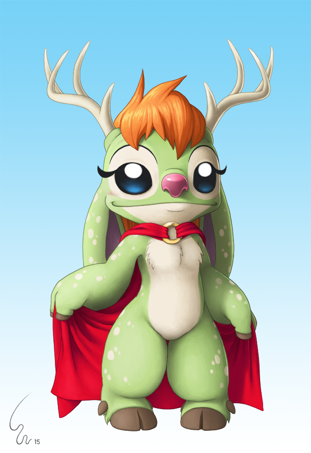 2015 alien antlers blue_eyes blush cape chest_tuft clothing digital_media_(artwork) disney experiment_(species) eyelashes fan_character female fur gradient_background green_fur hair hooves horn lilo_and_stitch mostly_nude orange_hair pink_nose ribera shyft simple_background smile soft_shading solo spots spotted_fur standing tuft